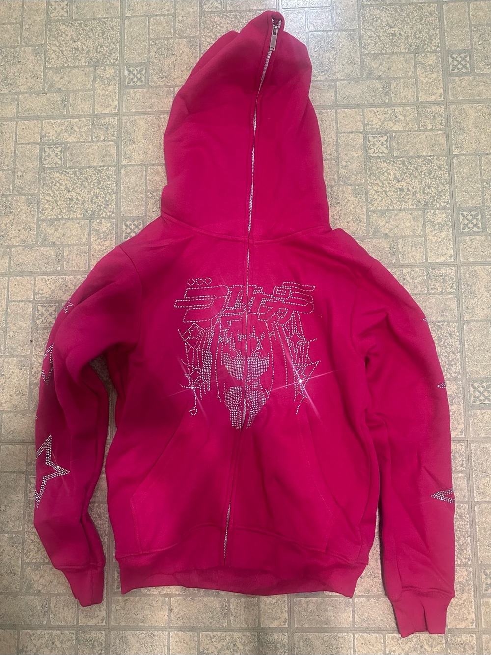 Girls Hot Pink Rhinestone Zip Hoodie Jacket